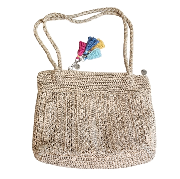 The Sak Crochet Boho Elegant Tan Woven Bag with Colorful Tassels - Picture 4 of 6
